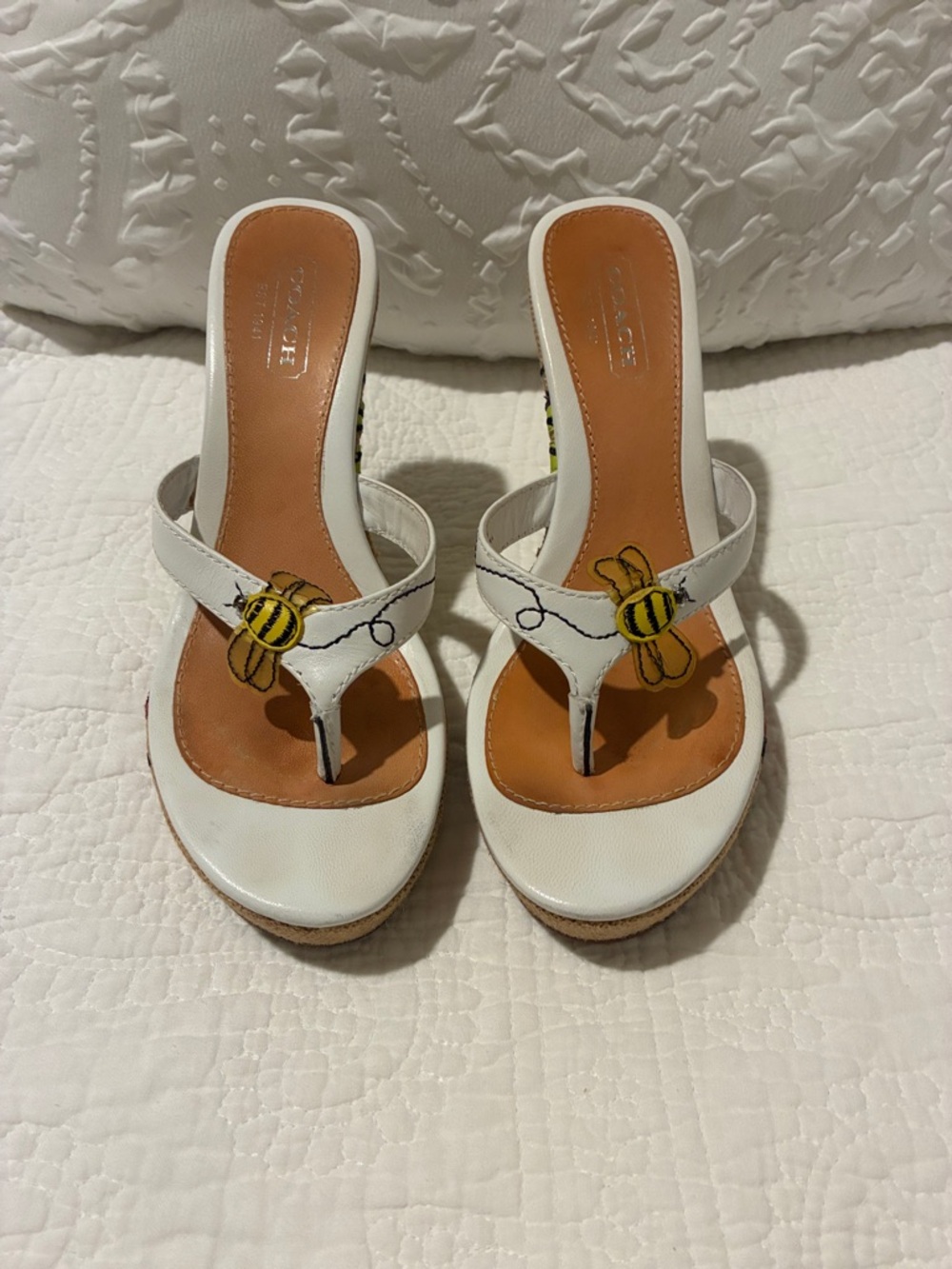 Coach White Leather Bee-Embellished Thong Wedge Sandals